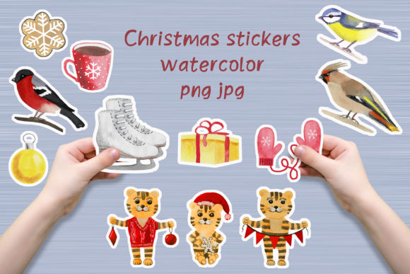 Christmas Stickers Watercolor Png for Print Templates